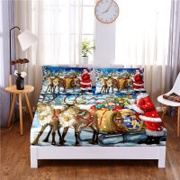 Christmas Sleigh Digital Printed 3pc Polyester Fitted Sheet Mattress Cover Four Corners with Elastic Band Bed Sheet Pillowcases