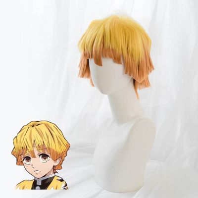 Anime Demon Slayer Kimetsu ไม่มี Yaiba ชุดคอสเพลย์ Zenitsu Agatsuma Wigs Golden Hair Sparrow Bird Headdress Cs146