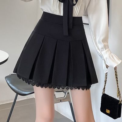 ‘；’ Black Slim Fit High Waist Pleated Lace Mini Skirt Woman A-Line Short Skirt Dress Female Sweet Girl Fashion Spring Summer Clothes