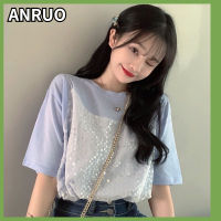 ANRUO เสื้อยืดแขนสั้นสำหรับผู้หญิง,เสื้อสายยืดปักเลื่อมตาข่ายเสื้อยาวปิดถึงก้นสำหรับฤดูร้อน