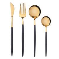 Jinshiyuang.ph 4Pcs/set Stainless steel black gold mirror tableware Portuguese steak fork and spoon dessert spoon