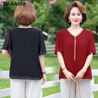 2023 summer new middle-aged womens Korean version v-neck chiffon shirt solid color short-sleeved fashion large size small shirt mother dress