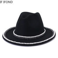 ใหม่สไตล์ฝรั่งเศสผู้หญิงขนสัตว์ Fedora หมวก Handmade Pearl ตกแต่ง Elegant Lady ฤดูหนาวกว้าง Brim Warm Jazz หมวกหมวก