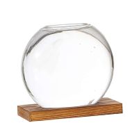 Desktop Round Crystal Glass Planter Terrarium with Retro Solid Wooden Stand Wedding Flower Vase Decor for Hydroponics Plants