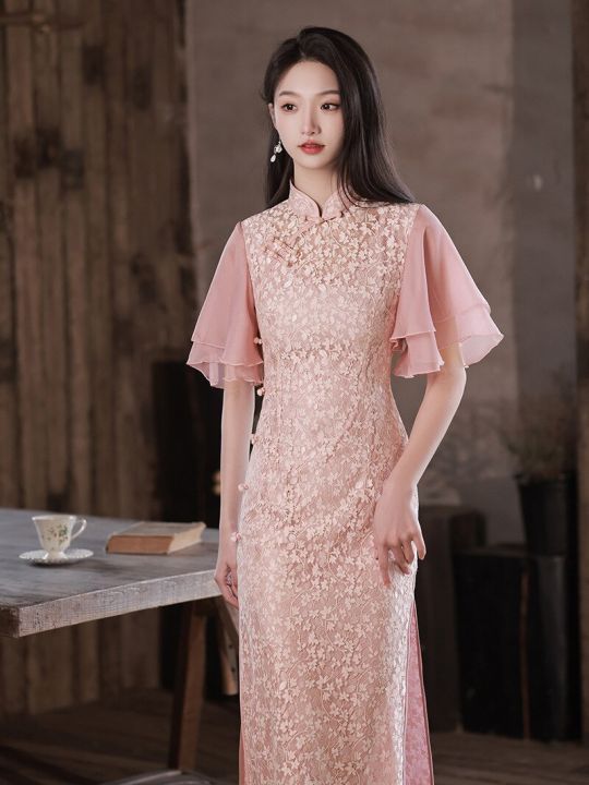 yourqipao-2023ใหม่ชุดกี่เพ้าชุดจีนดั้งเดิมสำหรับงานแต่งงานผ้าลูกไม้สีชมพูปรับปรุงใหม่