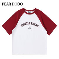 PEAR DODO เสื้อยืดแขนสั้น Raglan เสื้อตัวหลวมพิมพ์ตัวอักษรวินเทจเกาหลีสำหรับผู้หญิง