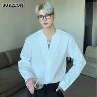 SUPEEON丨เสื้อเชิ้ตลำลองแขนยาวคอวีแนววินเทจของผู้ชายเสื้อสุดหล่อปกที่วางโทรศัพท์มือถือ