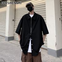 EERSHENSHI เสื้อแขนสั้นผู้ชาย เสื้อซิปหลวมแขนสั้น