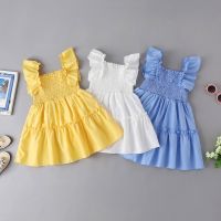 Toddler Kids Baby Girls Solid Color Dress, Girls Summer Smocked Square Collar Fly Sleeve Ruffle Gown 2-6T  by Hs2023