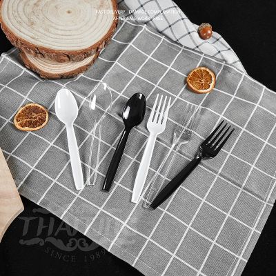 AD (100อัน) ช้อน,ส้อม สีดำ/สีขาว/สีใส อุปกรณ์บนโต๊ะอาหาร ช้อนพลาสติก ส้อมพลาสติก cutlery ส่งฟรี