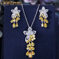 CWWZircons  New Arrival Cubic Zirconia Tassel Drop Flower Earrings and Pendant Necklace Fashion Ladies Jewelry Sets T334