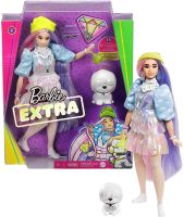 Barbie Extra Doll #2 in Shimmery Look with Pet Puppy, Pink &amp; Purple Fantasy Hair, Layered Outfit &amp; Accessories Including Neon Beanie