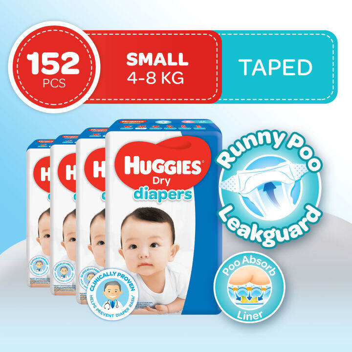 [DIAPER SALE] Huggies Dry Small (48 kg) 38 pcs x 4 packs (152 pcs) Tape Diapers Lazada PH