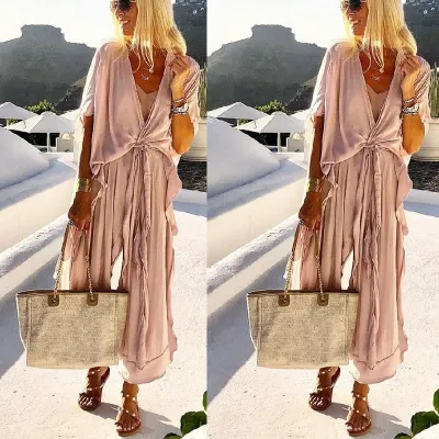 [COD] Cross-border independent station 2023 summer casual large size loose womens V-neck big swing holiday dress