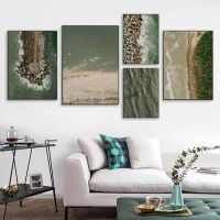 Ocean Beach Landscape Artwork: ภาพวาดผ้าใบคุณภาพสูง,โปสเตอร์สแกนดิเนเวีย,สไตล์นอร์ดิกสีเขียวเข้ม,ภาพผนังศิลปะที่เหมาะสำหรับห้องนั่งเล่น,ตกแต่งบ้าน