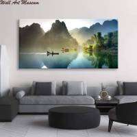 ภูมิทัศน์ผ้าใบ Wall Art, Misty Green Boat Lake และ Mountains พิมพ์ห้องนั่งเล่นและห้องนอนตกแต่งผนัง, บ้านภูมิทัศน์ผ้าใบภาพวาด Art Deco (กำหนดเอง) 1PCS frameless หรือกรอบด้านในหรือกรอบโลหะสีดำ