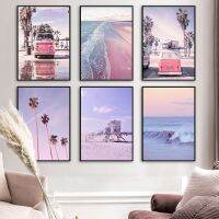 Nordic สีม่วง Sea Beach Bus Sky Surf Wall Art ภาพวาดผ้าใบภาพภูมิทัศน์สำหรับห้องนั่งเล่น Home Decor