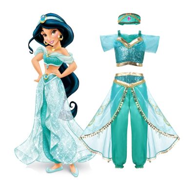 〖jeansame dress〗ดิสนีย์จัสมินเจ้าหญิงชุดตาข่าย Aladdin เครื่องแต่งกายคอสเพลย์สำหรับสาวฮาโลวีนปาร์ตี้ชุดเด็กเลื่อมบทบาทเสื้อผ้า3ชิ้นชุด