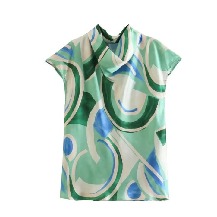 เสื้อเบลาส์พิมพ์ลายสำหรับผู้หญิง-traf-2023เสื้อเบลาส์แขนสั้นเสื้อฤดูร้อนผู้หญิงชุดเข้ารูปสตรีวินเทจ