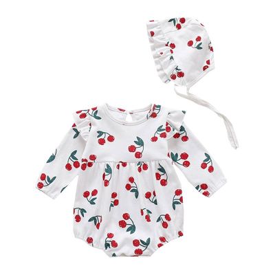 WOWNewborn Baby Clothes Summer Spring Autumn Baby Girl Clothing Cotton Cute Pretty Set Cherry Romper + Bow Headband Girl Outfits