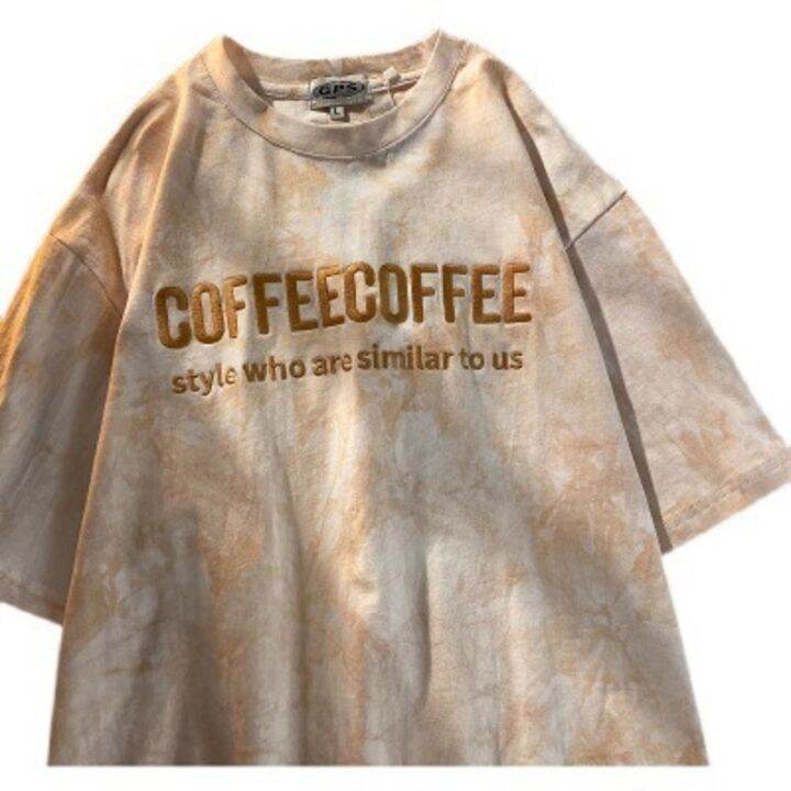 เสื้อยืดลายการ์ตูน-coffeecoffee-สำหรับผู้หญิงเสื้อยืดแขนสั้นย้อมสีเนกไทถักตัวอักษร2023ฤดูร้อนใหม่ไซส์ใหญ่หลวมกึ่งคู่0000