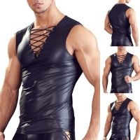 Mens Sexy Faux Leather T-Shirt Tops Faux Leather Solid Color Nightclub Stage Performance Deep V Vest Costumes