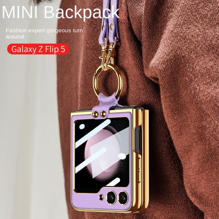 เคสสะพายพาดลำตัวหนังแบบเรียบเคลือบอิเล็คเพลทสำหรับ-samsung-galaxy-z-พลิกได้5-flip5แหวนสายคล้องกันกระแทกมีขาตั้ง9201