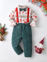 Toddler Kids Baby Boys Suits 1St Christmas Outift Gentleman Printed Shirt Bowtie + Suspender+ Corduroy Pants Children Clothes