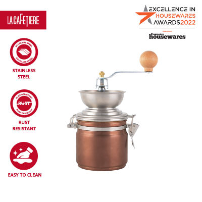 La Cafetiere Copper Traditional Coffee Grinder with Manual Assembly Consistency Grind Stainless Steel , Sleek Hand Coffee Bean Burr Mill Great for French Press, Turkish, Espresso