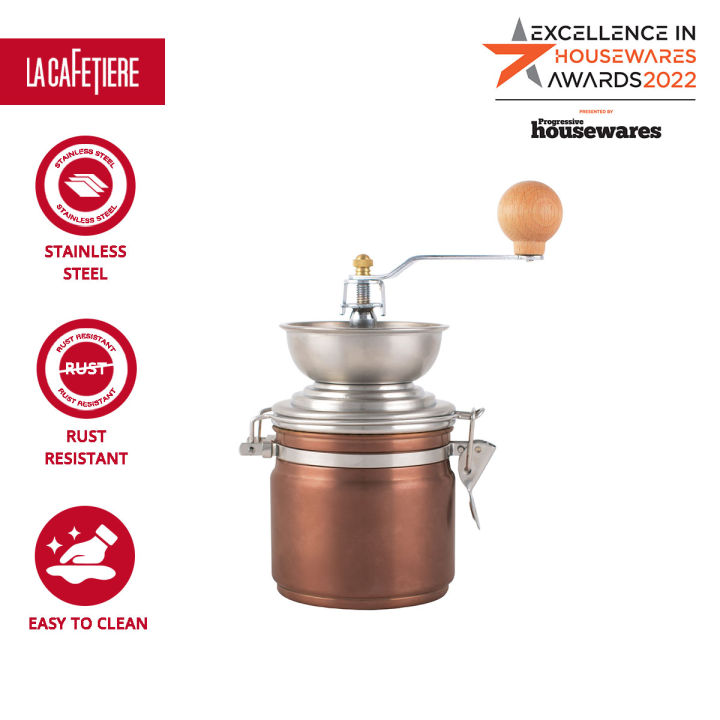 la-cafetiere-copper-traditional-coffee-grinder-with-manual-assembly-consistency-grind-stainless-steel-sleek-hand-coffee-bean-burr-mill-great-for-french-press-turkish-espresso