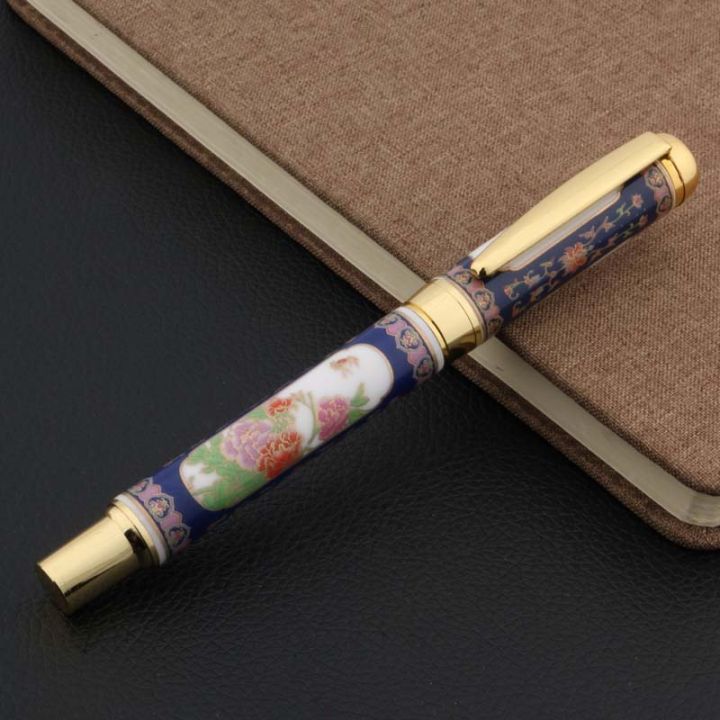 blue-and-white-chinese-porcelain-with-peony-flower-painting-rollerball-pen-stationery-office-school-supplies-writing-pens