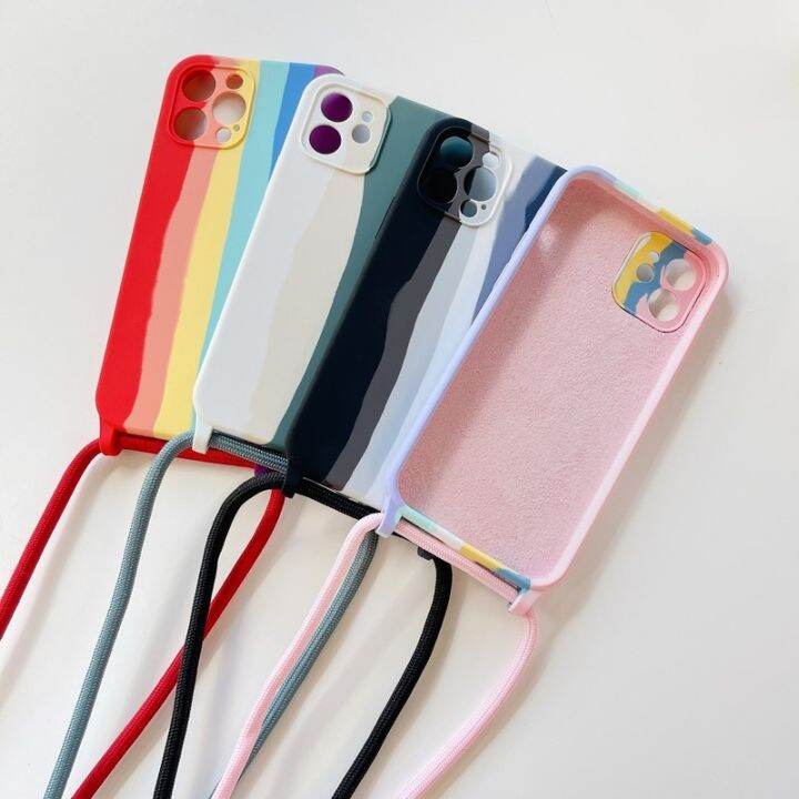 16-digits-เคสซิลิโคนเหลวสายรุ้งสีสันสดใสสำหรับ-iphone-13-12-mini-11-pro-max-xs-x-xr-se-2-7-8-plus-crossbody-lanyard-hang-strap-cover