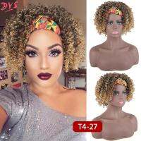 HeadBand Wig Synthetic Wig Drawstring Headwrap Wig Short Kinky Curly Turban wig 2 in 1 Afro Puff Headband Wig for Black Women