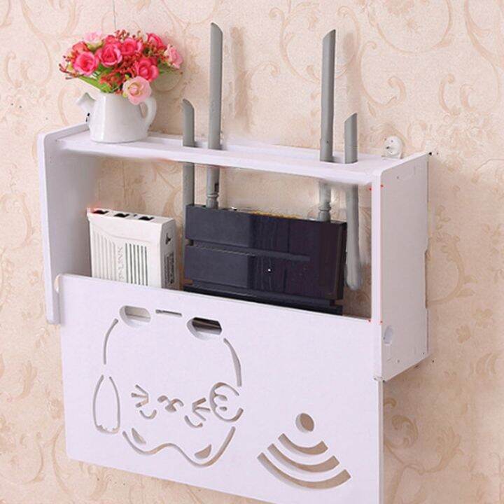 1xwireless-wifi-router-storage-box-shelf-wall-waterproof-bracket-cable-organizer-wood-plastic-wall-shelf-hanging-plug-bracket