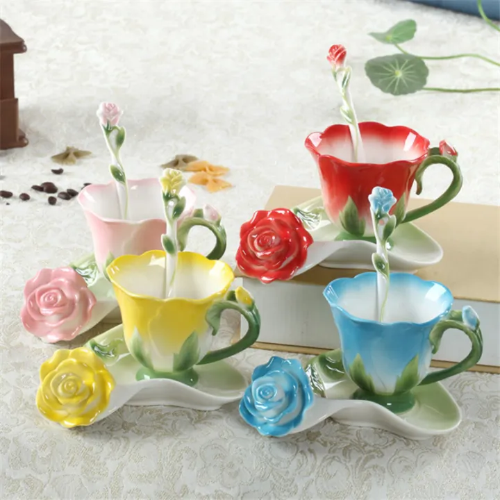 Creative Fashion 3d Rose Shape Flower Enamel Ceramic Coffee Tea Cup And Saucer Spoon Set Porcelain Water Cup Valentine Day Gift Lazada Ph