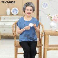 Middle-aged and elderly womens summer suit grandmas large size elastic waist two-piece suit mothers wear round neck printing suit