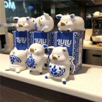 6PCS/SET LULU PIG Blue and White Porcelain Blind Box Figure Model Ornaments Ceramic Cicistory Canned Pig Toy Memorial Gift