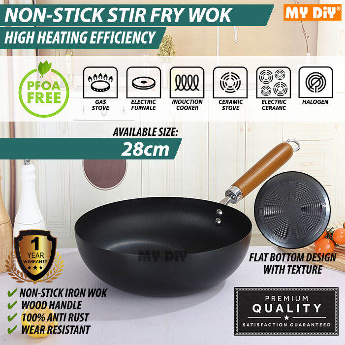 MYDIYHOMEDEPOT Non Stick Traditional Wok Flat Bottom Wok Pan Stir Fry