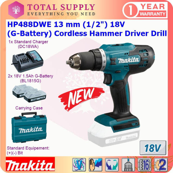 HP488DWE MAKITA 18v 13mm (1/2") (G-Battery) 13 Mm Cordless Hammer ...