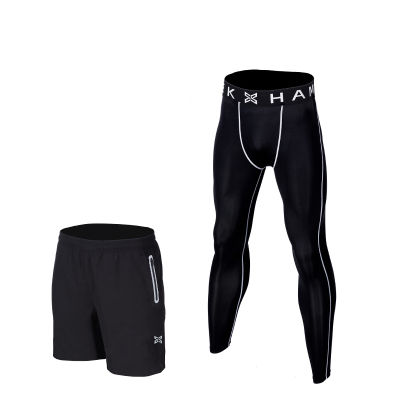 Men Running Tights Shorts Pants Sport Clothing Soccer Leggings Compression Fitness Football Basketball Tights Zipper Pocket 2Pcs