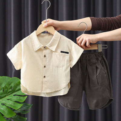 ชุดฤดูร้อนของเด็กผู้ชาย2023เสื้อเชิ้ตแขนสั้นสองชิ้นแฟชั่นเด็กเกาหลี