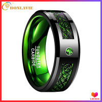 BONLAVIE Green 100% Real Tungsten Carbide Wedding Band Ring Celtic Dragon Green Carbon Fiber for Men 8mm Size 7 to 14