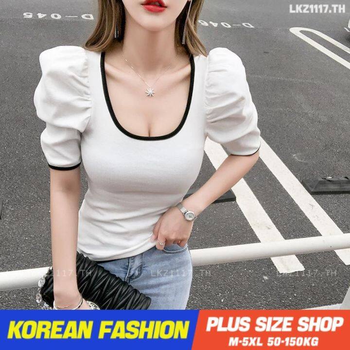 plus-size-เสื้อผ้าสาวอวบ-เสื้อยืดสาวอวบอ้วน-ไซส์ใหญ่-ผู้หญิง-เสื้อยืดรัดรูป-แขนสั้น-คอเหลี่ยม-ฤดูร้อน-สไตล์เกาหลีแฟชั่น