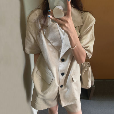 Korean Chic Retro Suit Collar Three-Button Cardigan Jacket + High Waist Wide-Leg Slacks Shorts Two-Piece Female