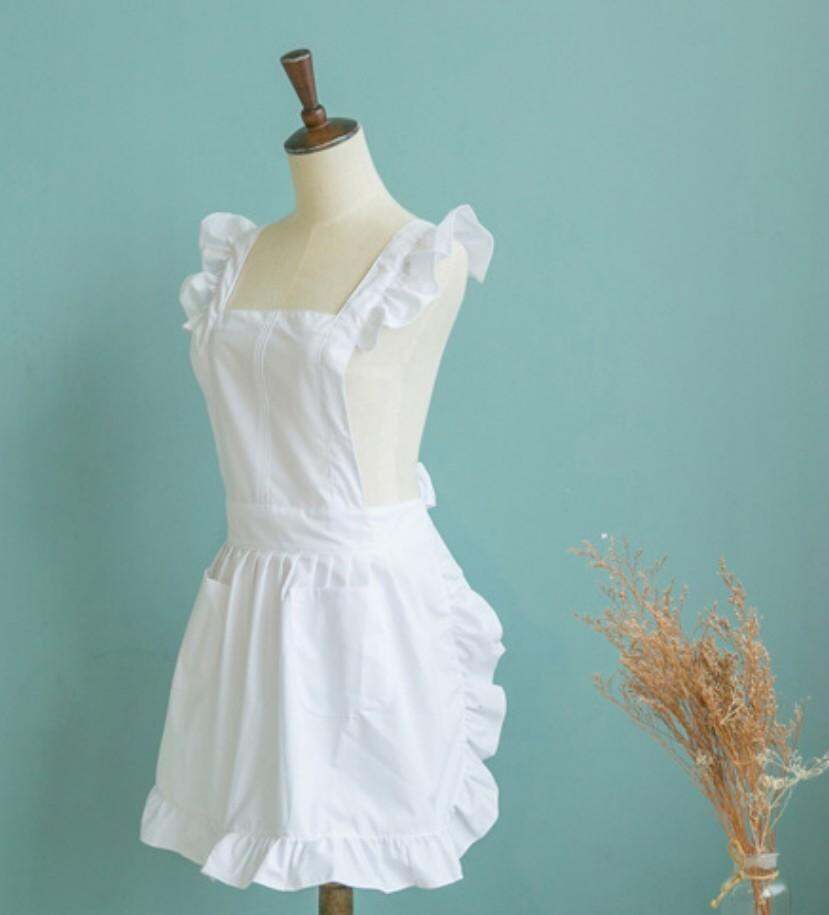 2Pcs Victorian Style Pinafore Apron Maid Smock Costume Dress Ruffle Pockets 