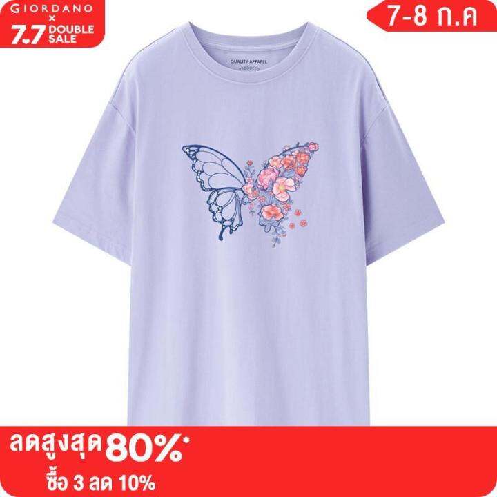 giordano-women-lion-dance-series-t-shirts-butterfly-print-fashion-tee-short-sleeve-crewneck-cotton-summer-casual-tops-99393016