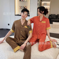 Factory Outlet Couple Pajamas Summer Short -Sleeved Long Pants Simulation Silk Large Size Fashion Can Wear Light Luxury