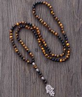 Mens Necklaces 6MM Tiger Eye Onyx Antique Beads Hamsa Fatima Hand Pendant Mens Rosary Necklace Man Couples Jewelry Bijou