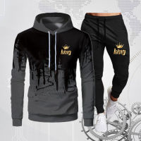 King Letter Print Mens Tracksuit Splash Ink Sets Sport Long Sleeve Hoodies Sweatpants Suits Hoodies and Pants 2 Piece Set Male