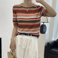 Fast Shipping Li Zhiqi, Color Striped, Round Neck Sweater Summer New Loose, Thin Short Sleeve Top Female 230455